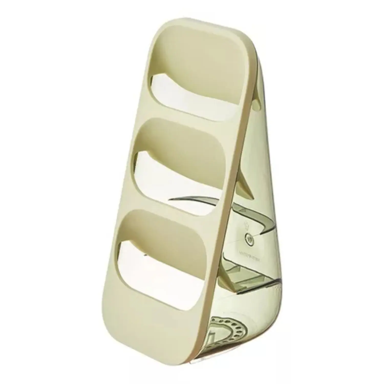 Organizador de cubiertos de diseño inclinado color crema con tres compartimentos escalonados y base transparente con drenaje para cocina.