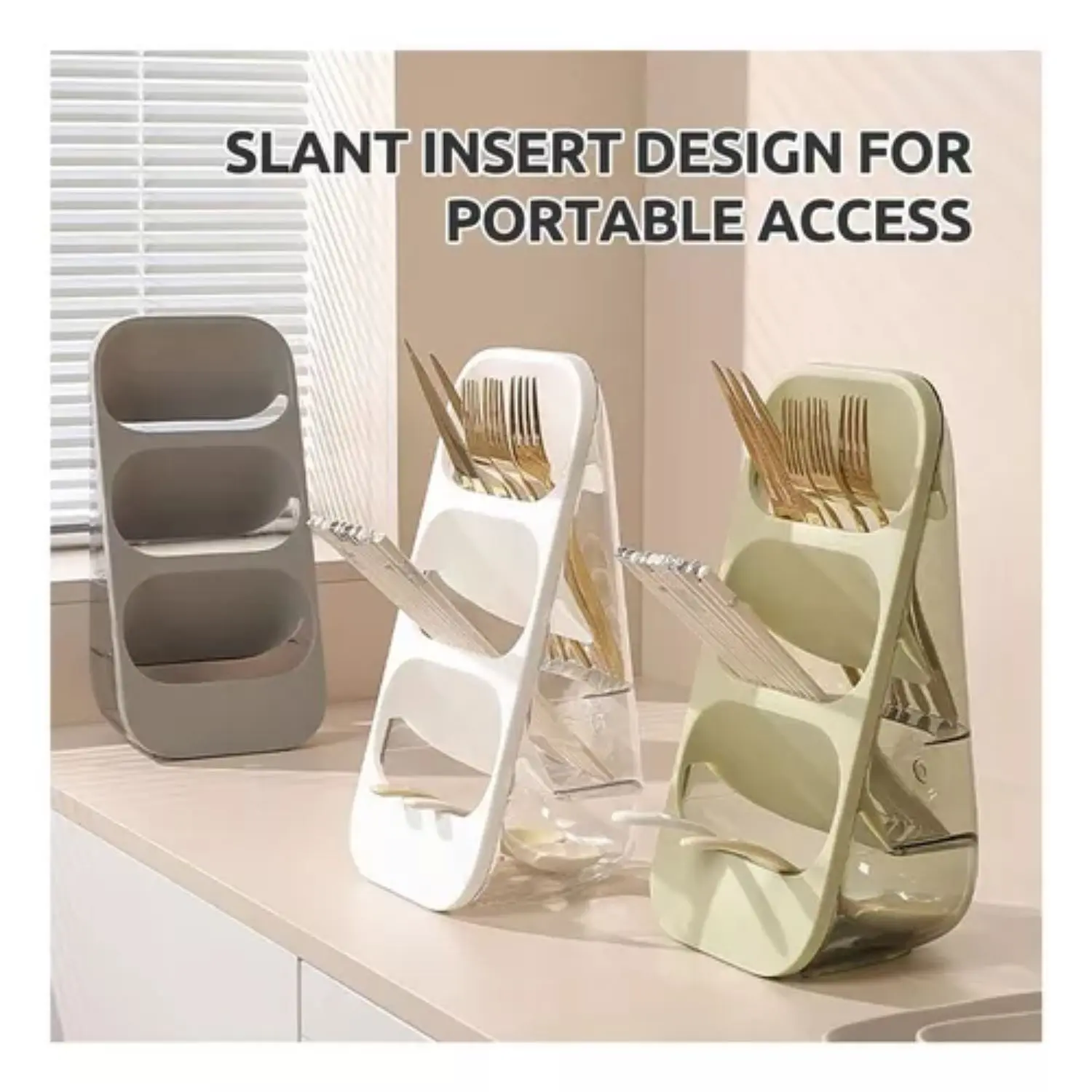 Organizadores de cubiertos con diseño inclinado para acceso rápido, disponibles en tonos gris, blanco y verde, con compartimentos abiertos para organizar.