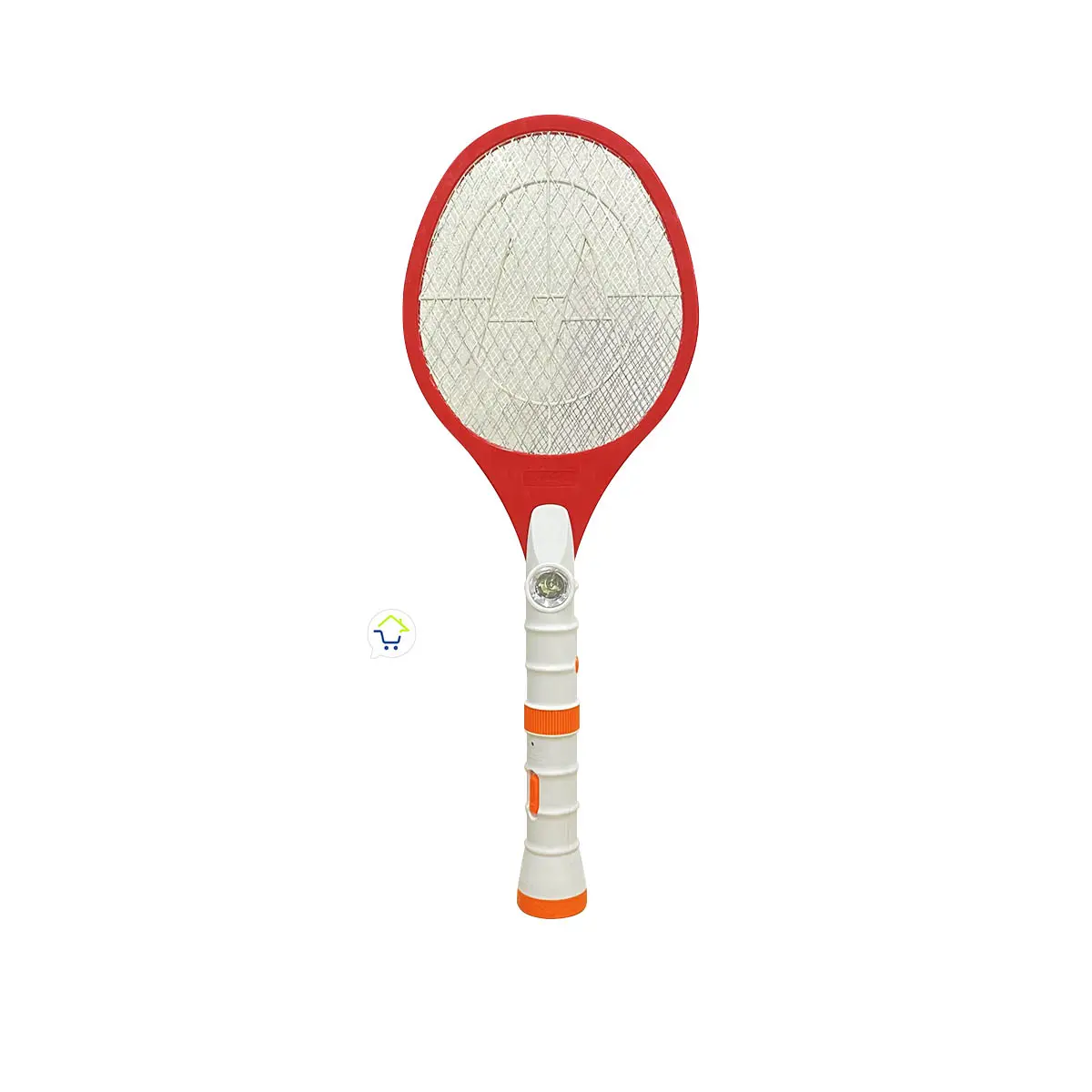 Raqueta eléctrica mata mosquitos con mango blanco y detalles naranjas. Cabeza roja con malla metálica y luz LED integrada en la empuñadura. Vista frontal.