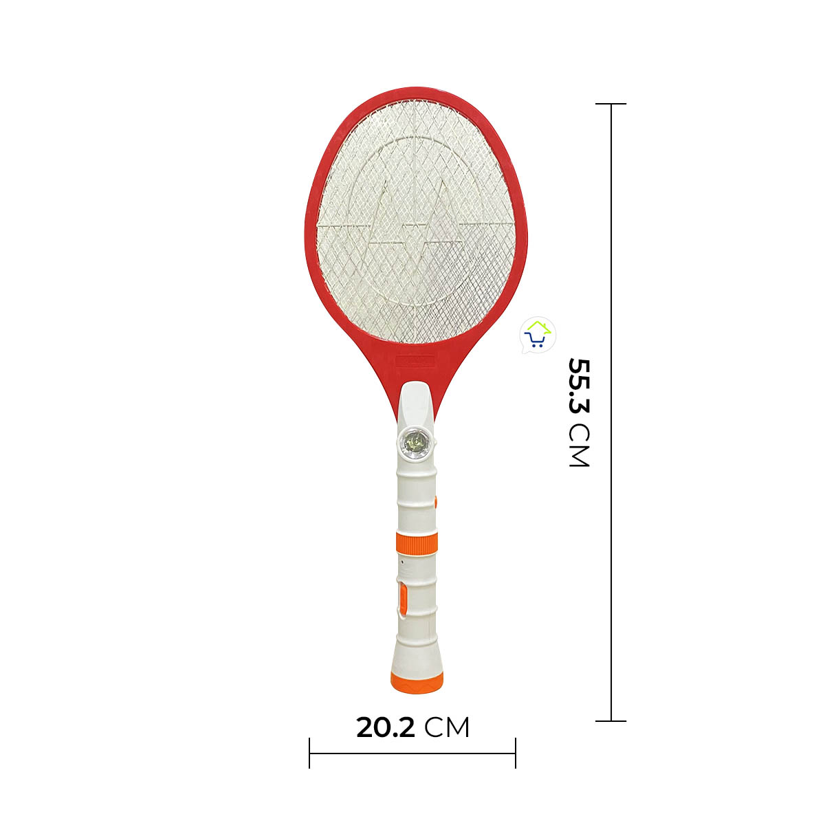 Raqueta eléctrica roja y blanca de 55.3 cm de alto por 20.2 cm de ancho. Vista frontal mostrando la malla metálica y luces LED en el mango blanco con detalles naranjas.