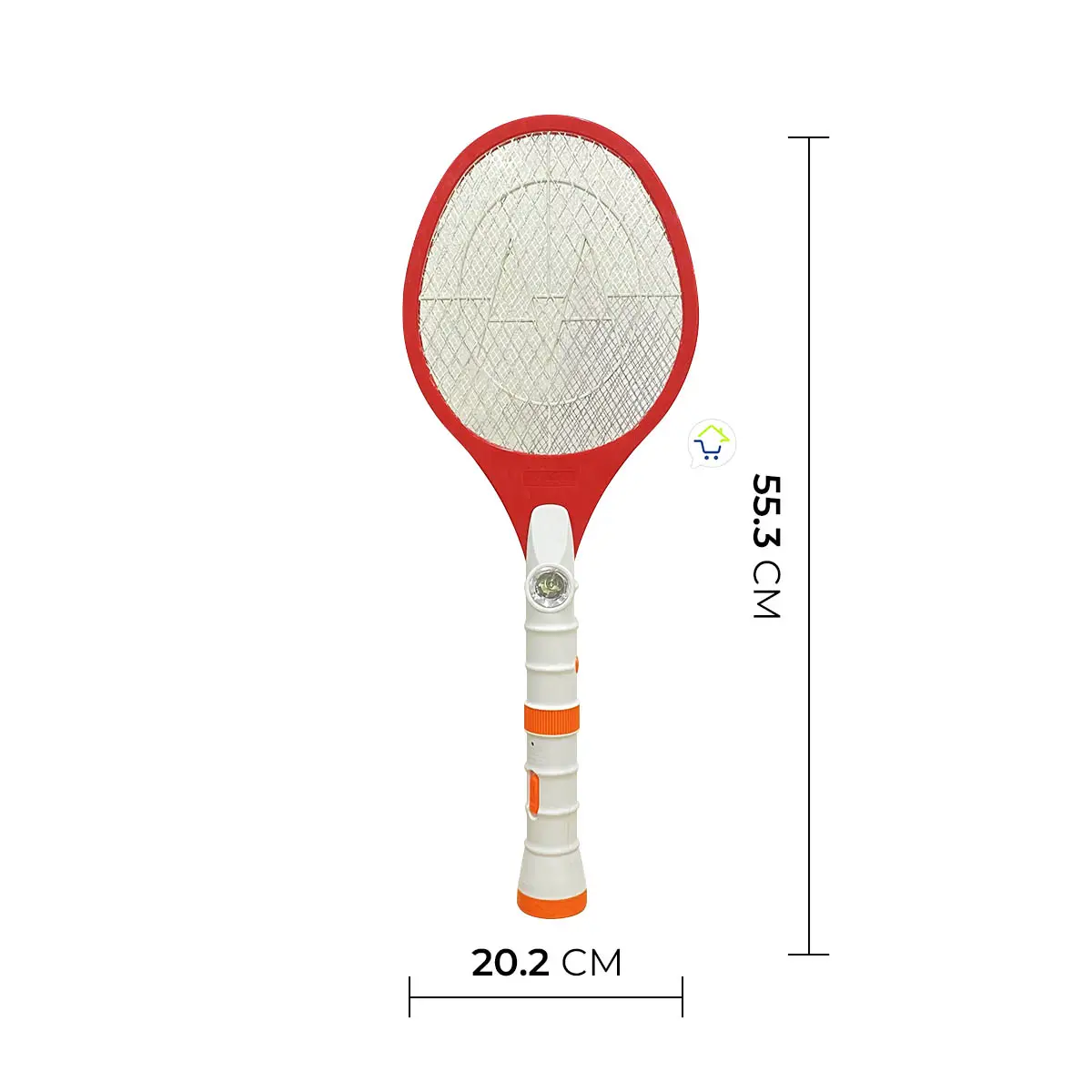 Raqueta eléctrica roja y blanca de 55.3 cm de alto por 20.2 cm de ancho. Vista frontal mostrando la malla metálica y luces LED en el mango blanco con detalles naranjas.