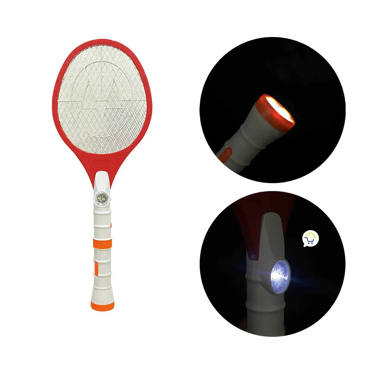 Raqueta eléctrica de color rojo con rejilla blanca y mango blanco con detalles naranjas. Incluye luces LED en la cabeza y el mango para uso nocturno.