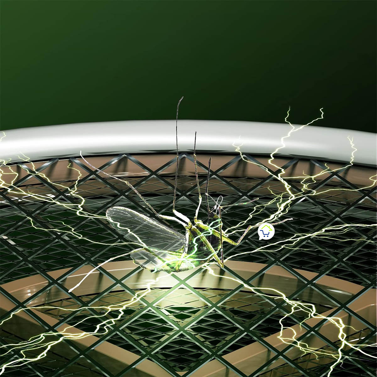 Raqueta eléctrica mata mosquitos con mango blanco. Muestra la malla metálica electrocutando a un insecto con descargas de energía verde.