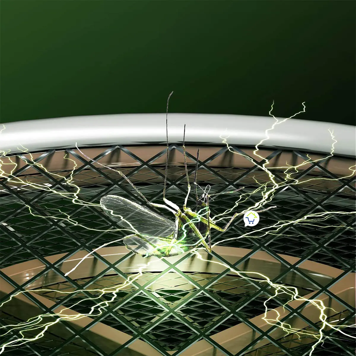 Raqueta eléctrica mata mosquitos con mango blanco. Muestra la malla metálica electrocutando a un insecto con descargas de energía verde.