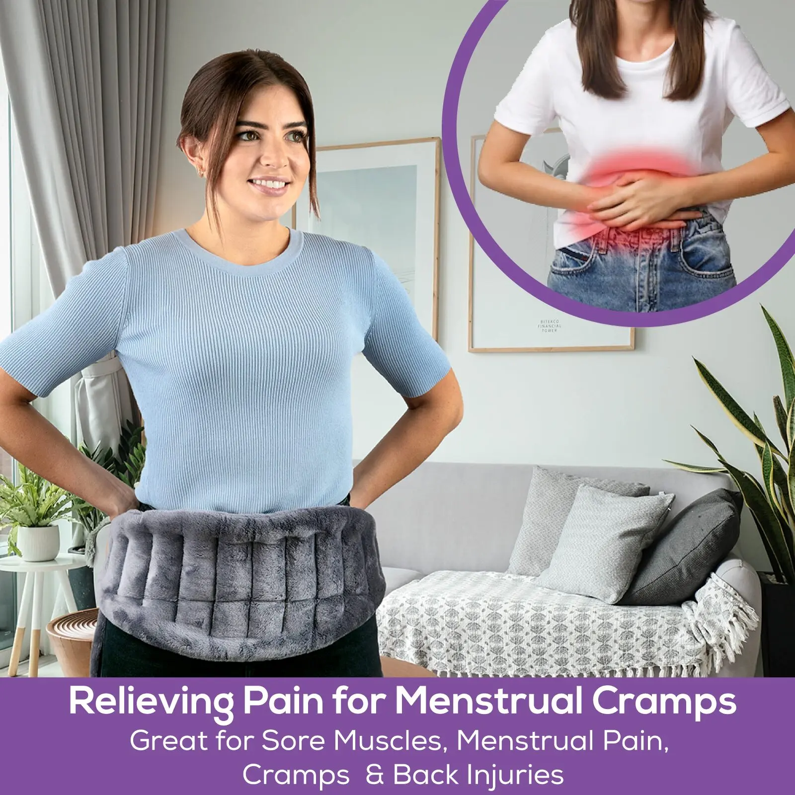 Bufanda térmica gris de felpa con perlas de arcilla para aliviar dolor menstrual y muscular.