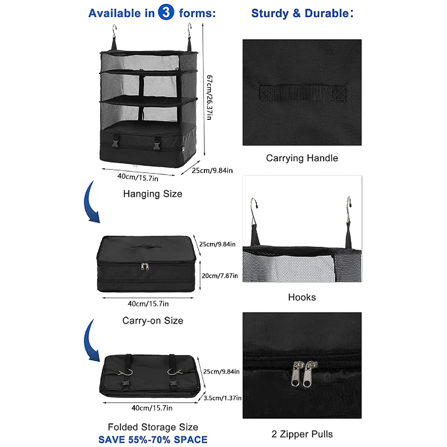 Organizador de viaje colgante plegable negro de 3 niveles, 40x25x67cm, con asas y ganchos.