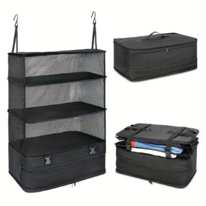 Estante de viaje portátil colgante negro plegable con compartimentos de malla, maleta y organizador de ropa.