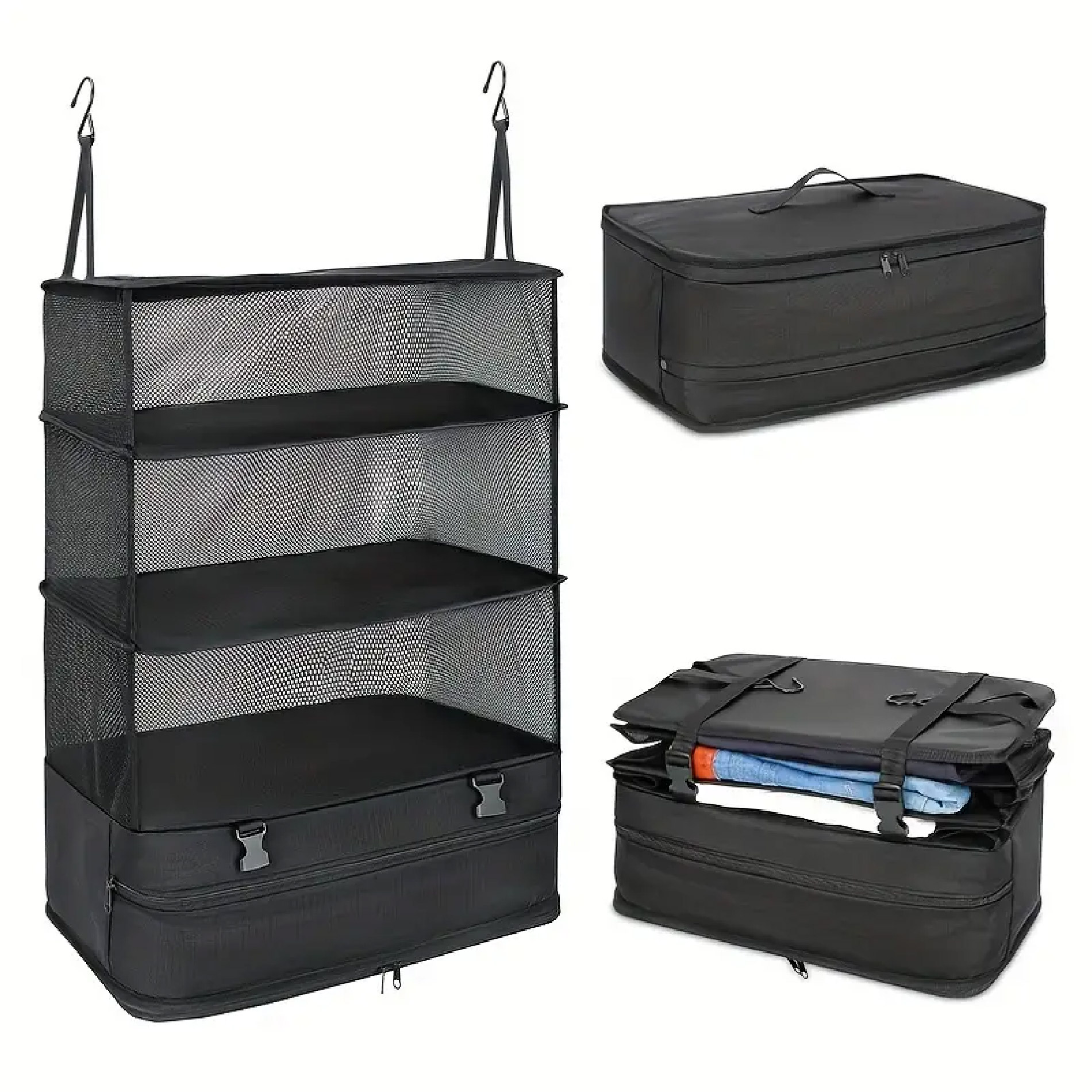 Estante de viaje portátil colgante negro plegable con compartimentos de malla, maleta y organizador de ropa.