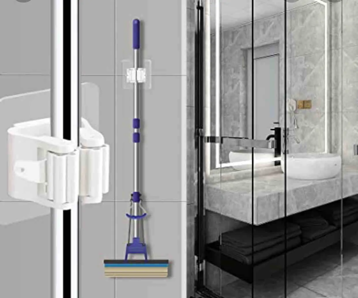 Colgador blanco doble para mopa y escoba con soporte de pared, ideal para organizar utensilios de limpieza en el hogar.