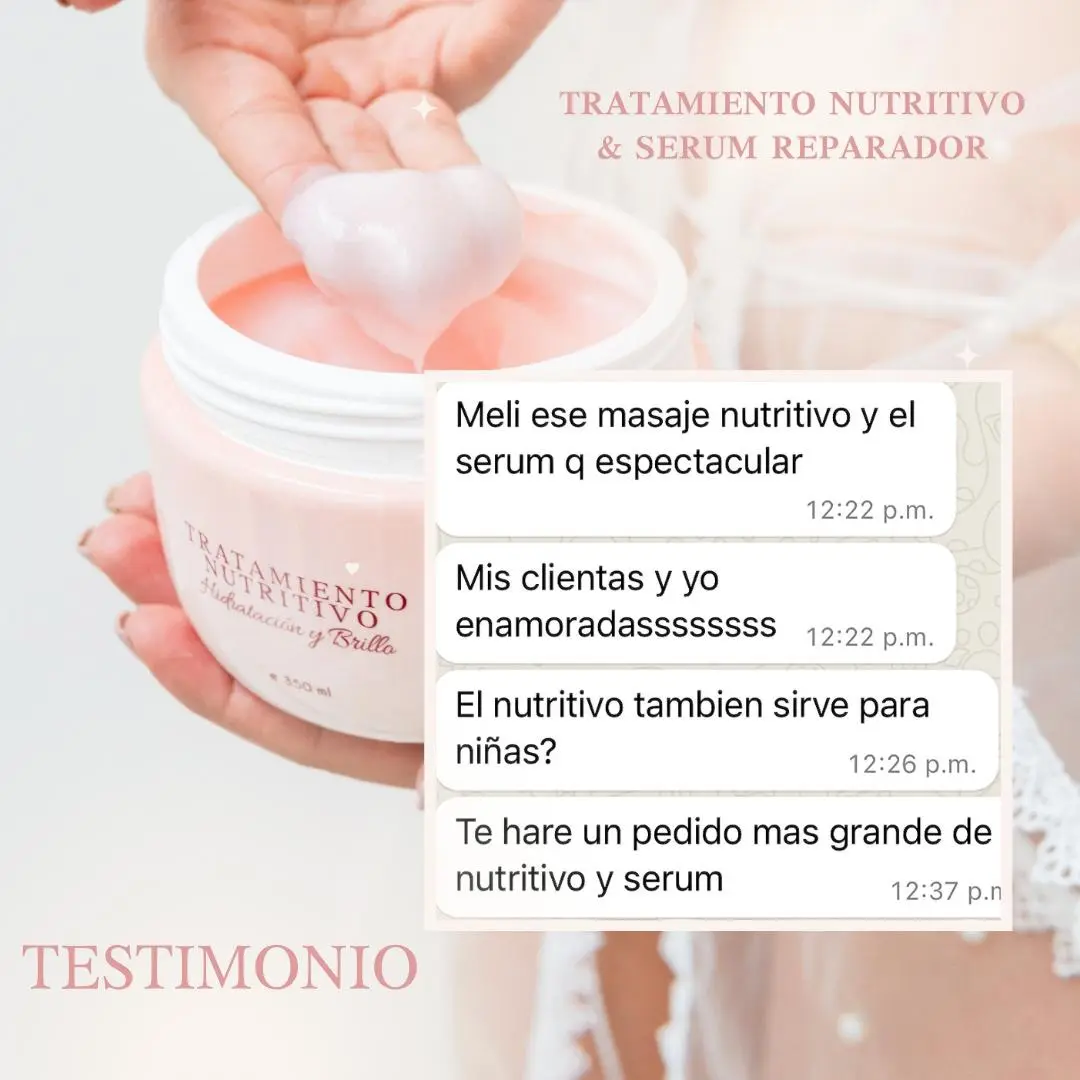 Mano saca crema tratamiento nutritivo capilar rosa de envase, con texto de testimonio y mensajes.