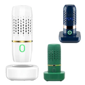 Purificador portátil de frutas y verduras en blanco, azul y verde con base de carga USB.