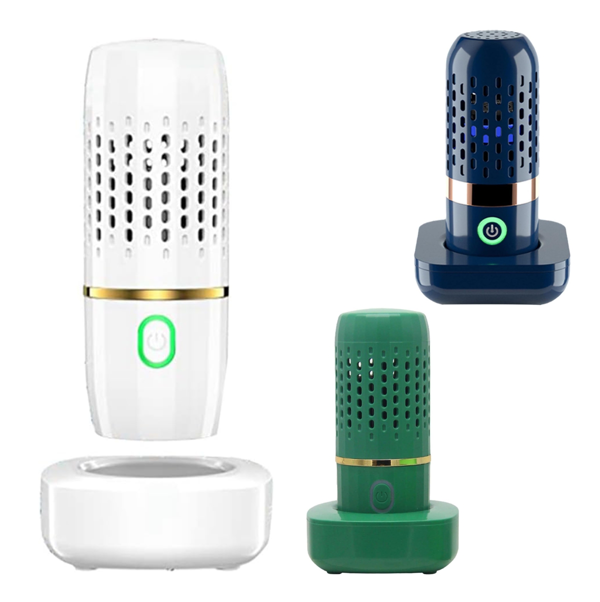 Purificador portátil de frutas y verduras en blanco, azul y verde con base de carga USB.