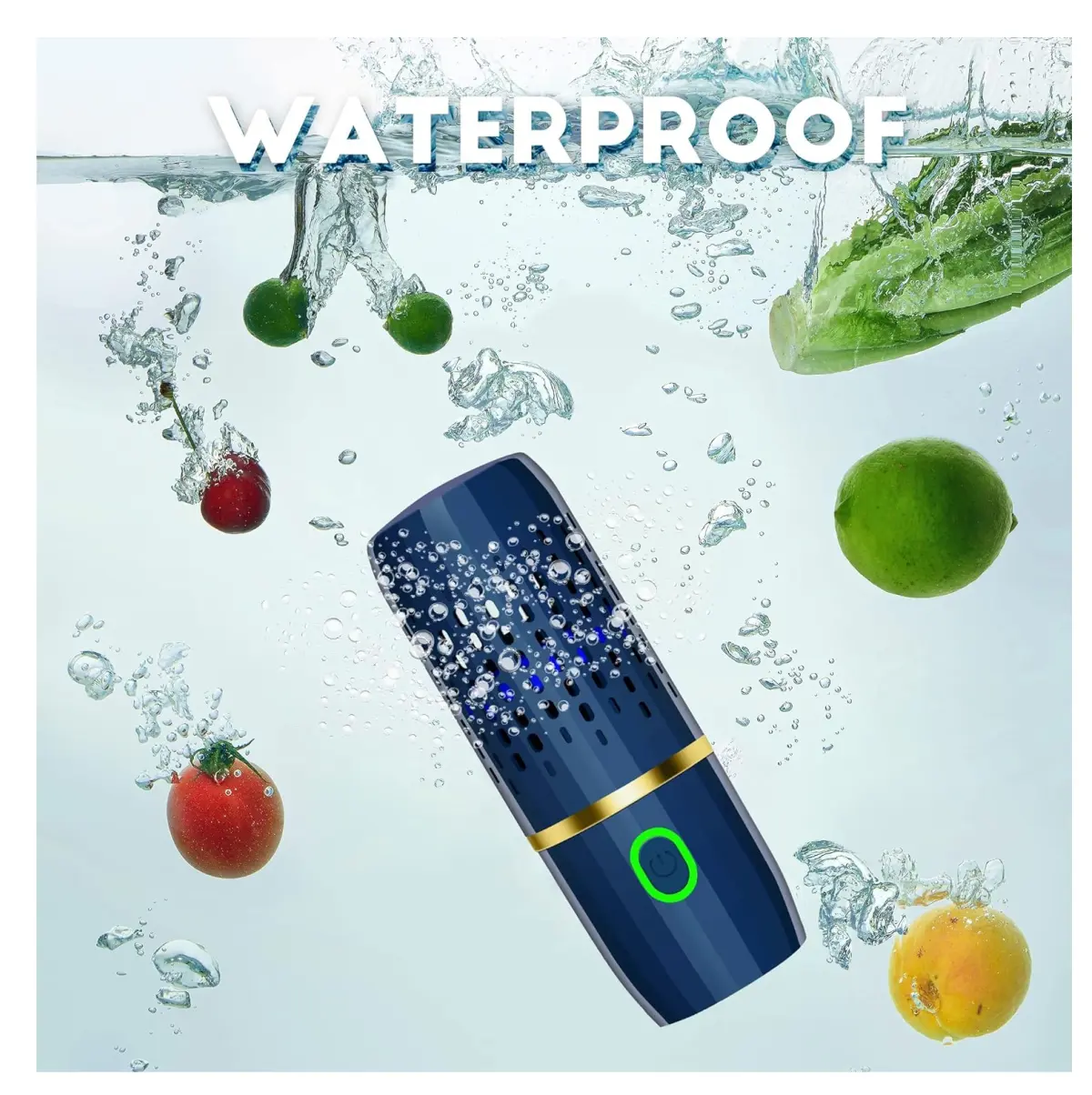 Purificador portátil azul para frutas y verduras sumergido en agua con frutas y verduras cayendo.