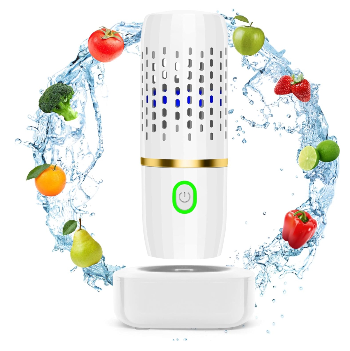 Purificador portátil blanco para frutas y verduras con carga USB, rodeado de frutas y verduras frescas salpicadas de agua.