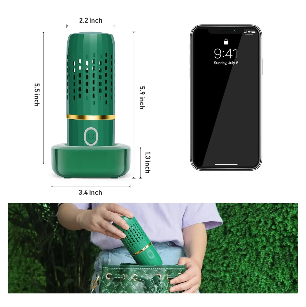 Purificador portátil verde para frutas y verduras, 5.9 pulgadas alto, 2.2 pulgadas ancho, con carga USB.