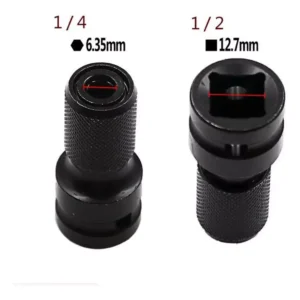 Adaptador para brocas hexagonales de 1/4" (6.35mm) y 1/2" (12.7mm) en color negro.