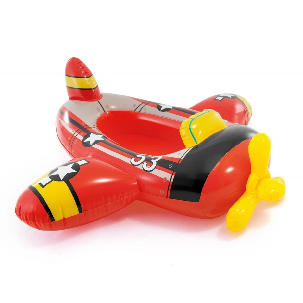 Balsa inflable roja en forma de avión de pasajeros con hélice amarilla y detalles blancos, para piscina.
