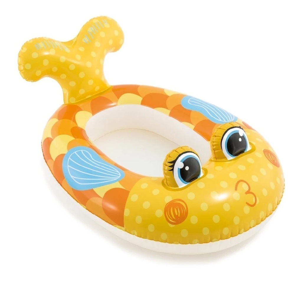 Balsa inflable Intex infantil con diseño de pez amarillo y naranja, ojos grandes, puntos y aletas, ideal para piscina.