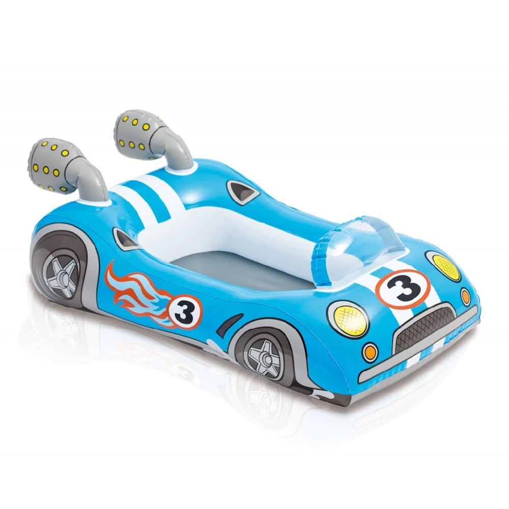 Balsa inflable azul de coche de carreras para niños, con número 3 y detalles de llamas.