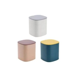 Joyero giratorio blanco, beige y azul con tapa gris, rosa y amarilla.