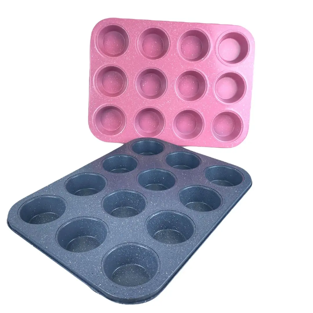 Set x2 moldes para hornear antiadherentes, uno rosa de 12 cavidades y otro gris jaspeado de 12 cavidades.