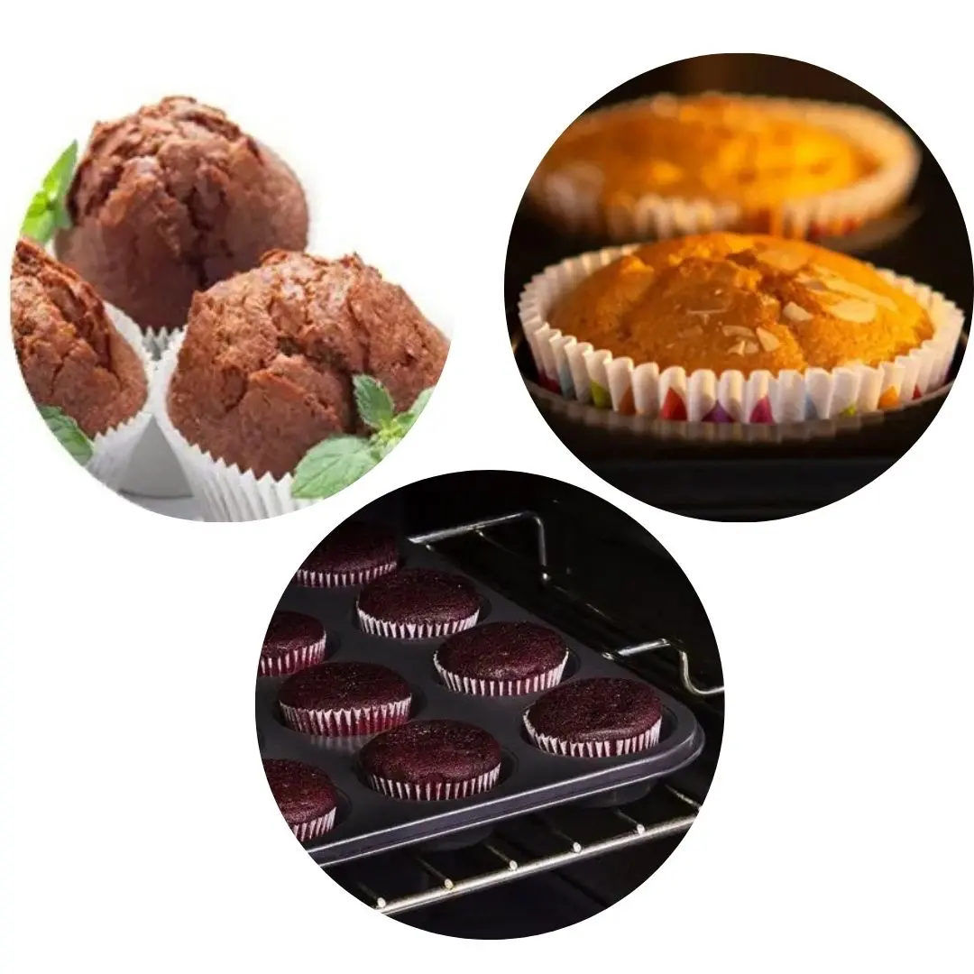 Molde para 12 cupcakes, negro antiadherente, con cupcakes horneados y listos.