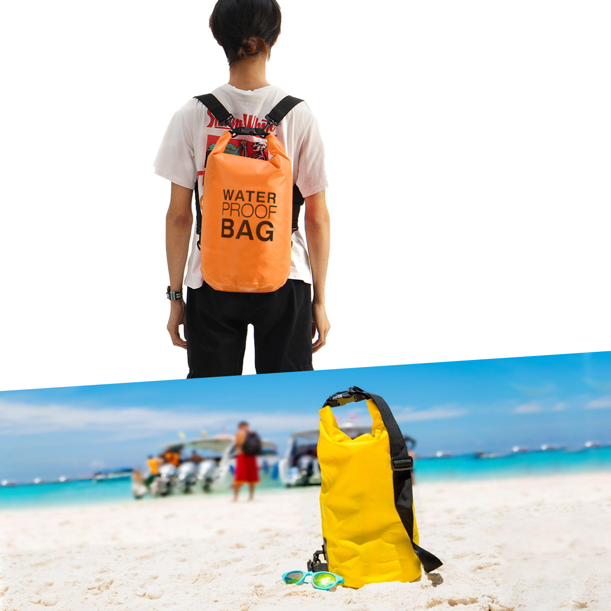 Bolsa impermeable mochila seca naranja 5L vista de atrás y amarilla en playa con lentes de sol.