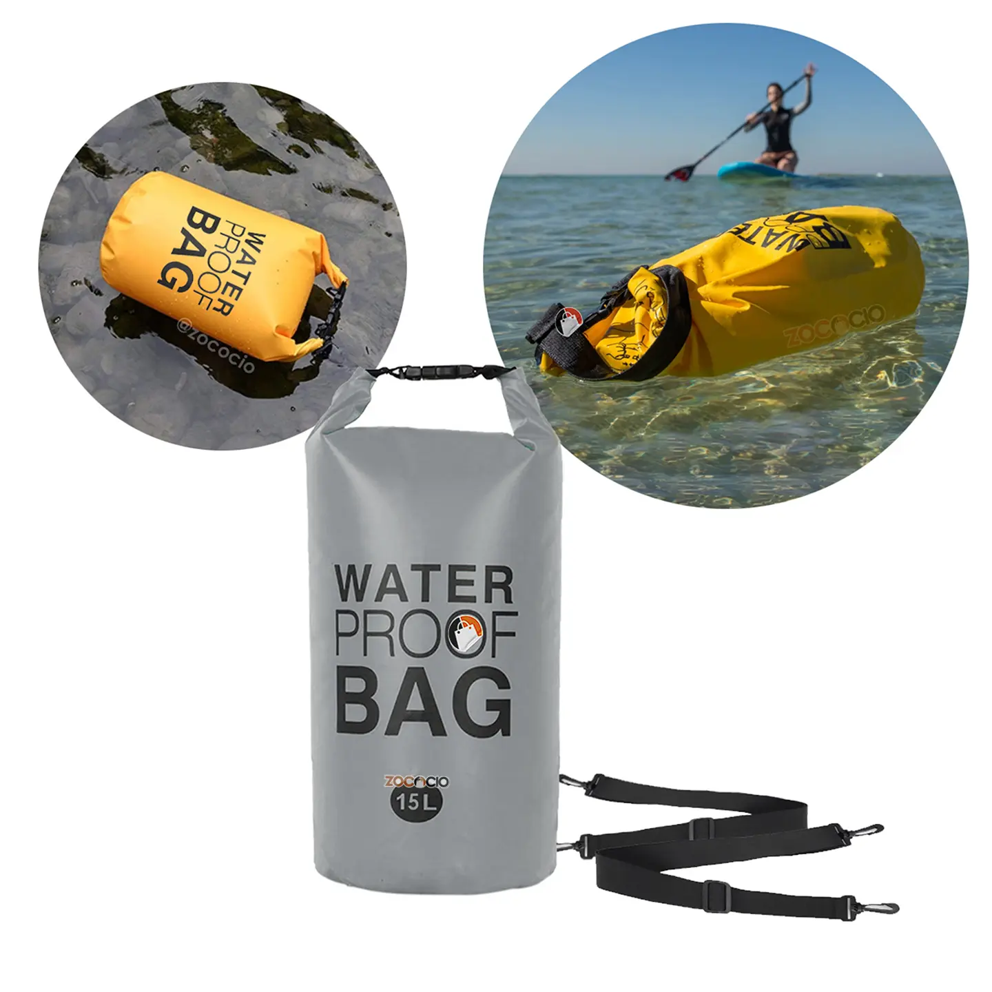 Bolsa impermeable gris de 15L, con dos círculos que muestran bolsa amarilla en agua y persona en paddleboard.