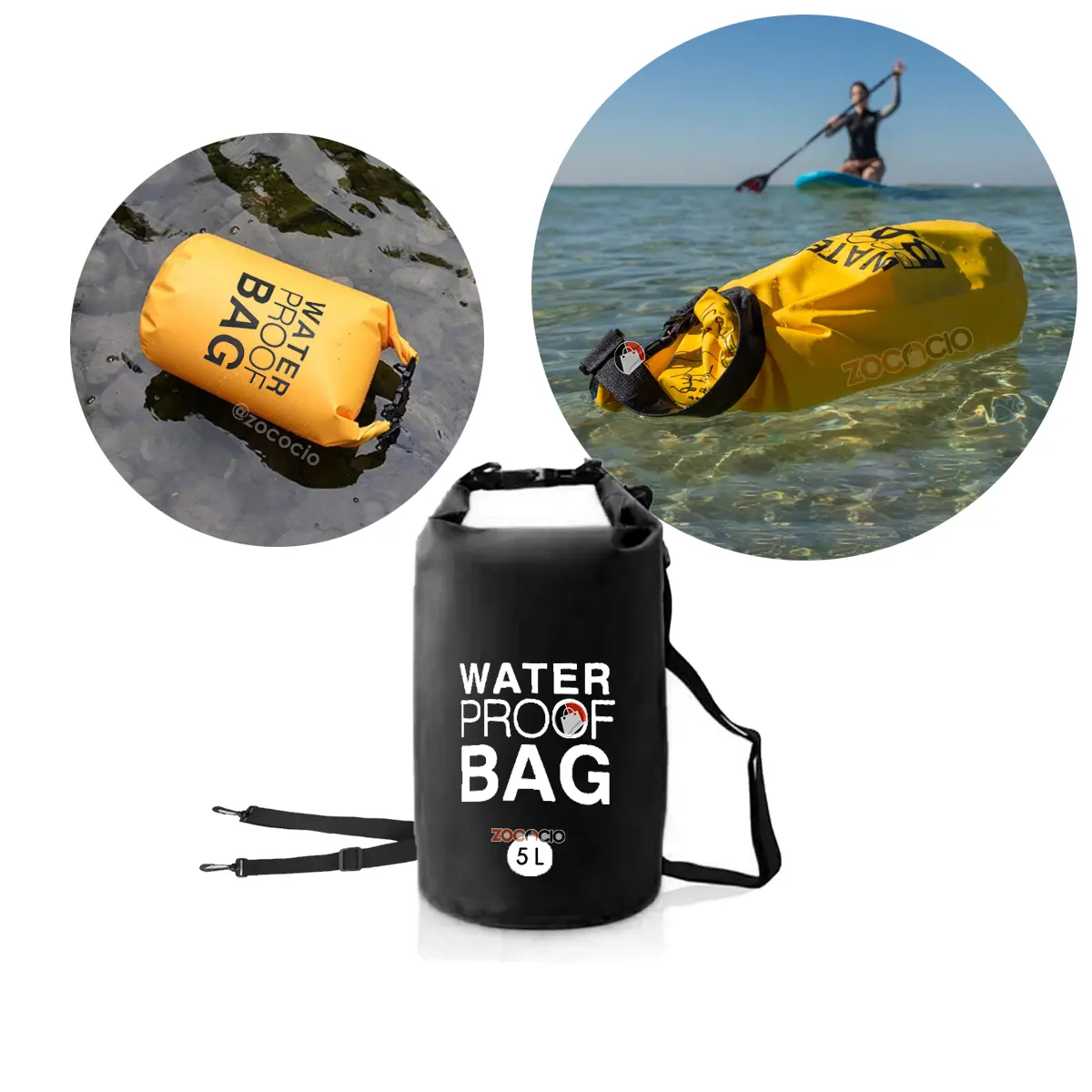Bolsa impermeable negra de 5 litros, tipo mochila seca, con cierres visibles, ideal para actividades acuáticas.