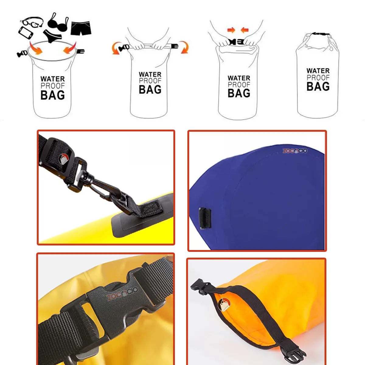 Bolsa impermeable seca de 5 litros en color azul, con detalles de correas y hebillas.