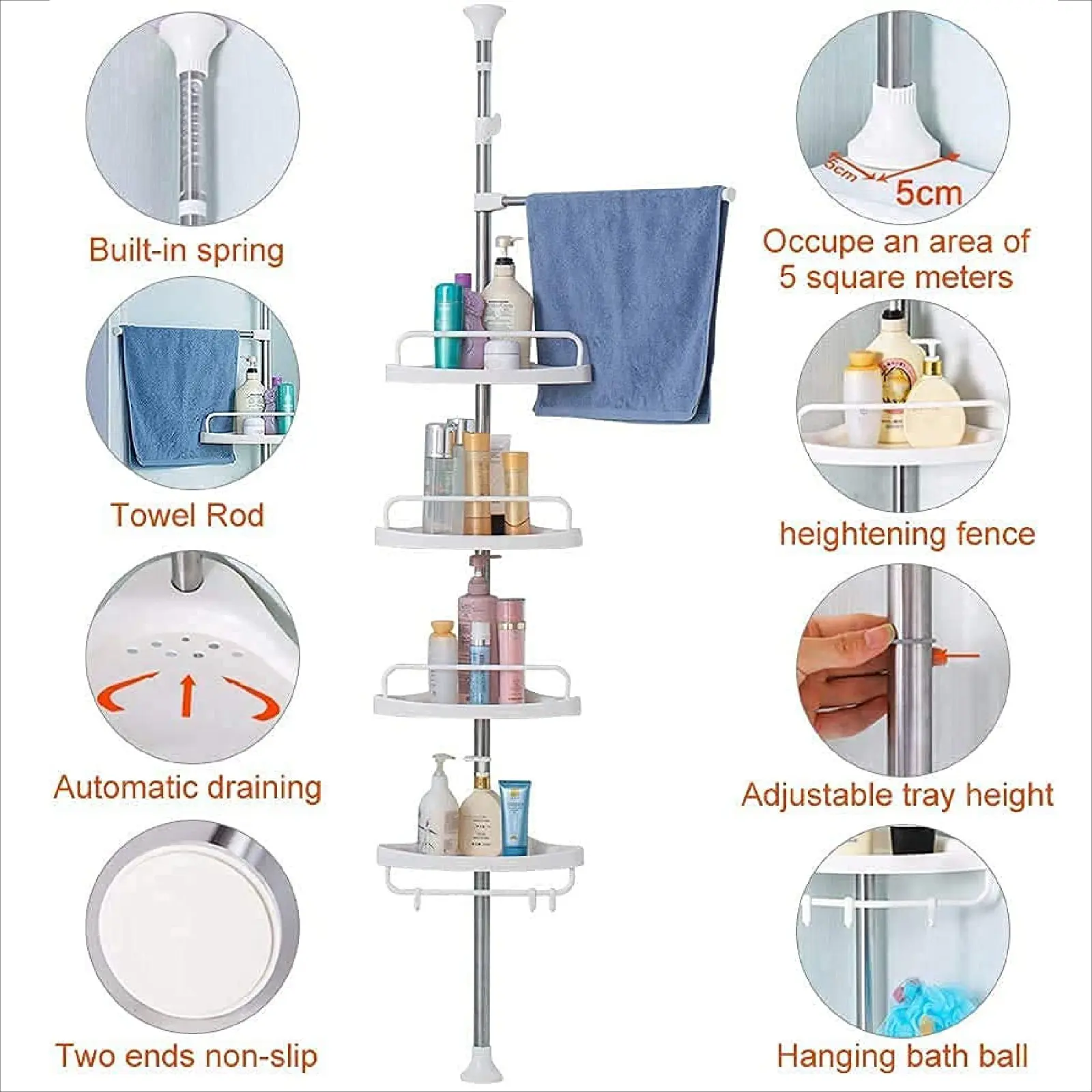 Organizador esquinero de baño con pole y balda ajustable, ideal para duchas.