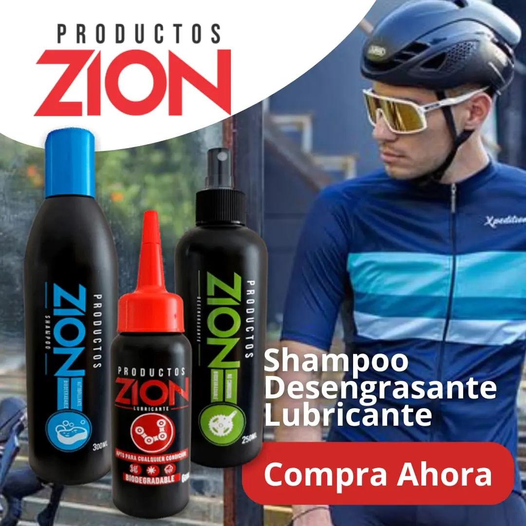 Kit Zion: Shampoo desengrasante y lubricante para bicicletas. Botellas negras con etiquetas verdes y rojas.