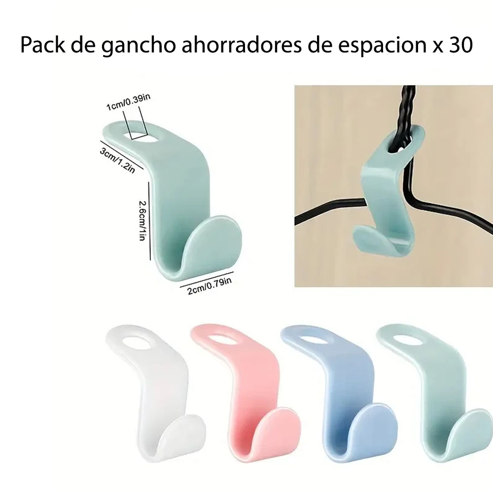 Set de 30 ganchos ahorradores de espacio en 4 colores: blanco, rosa, azul y verde menta.