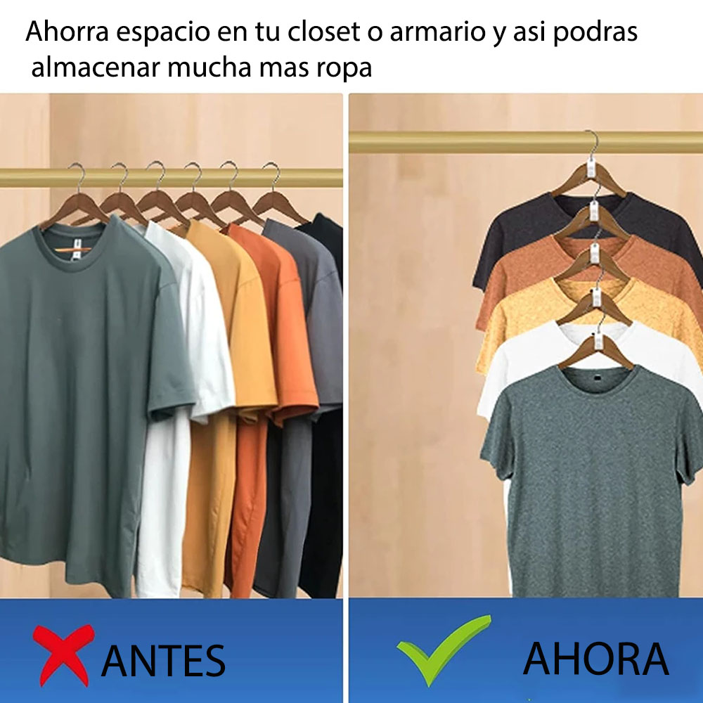 Ganchos ahorradores de espacio para organizar ropa, antes y después de usarlos en un armario.