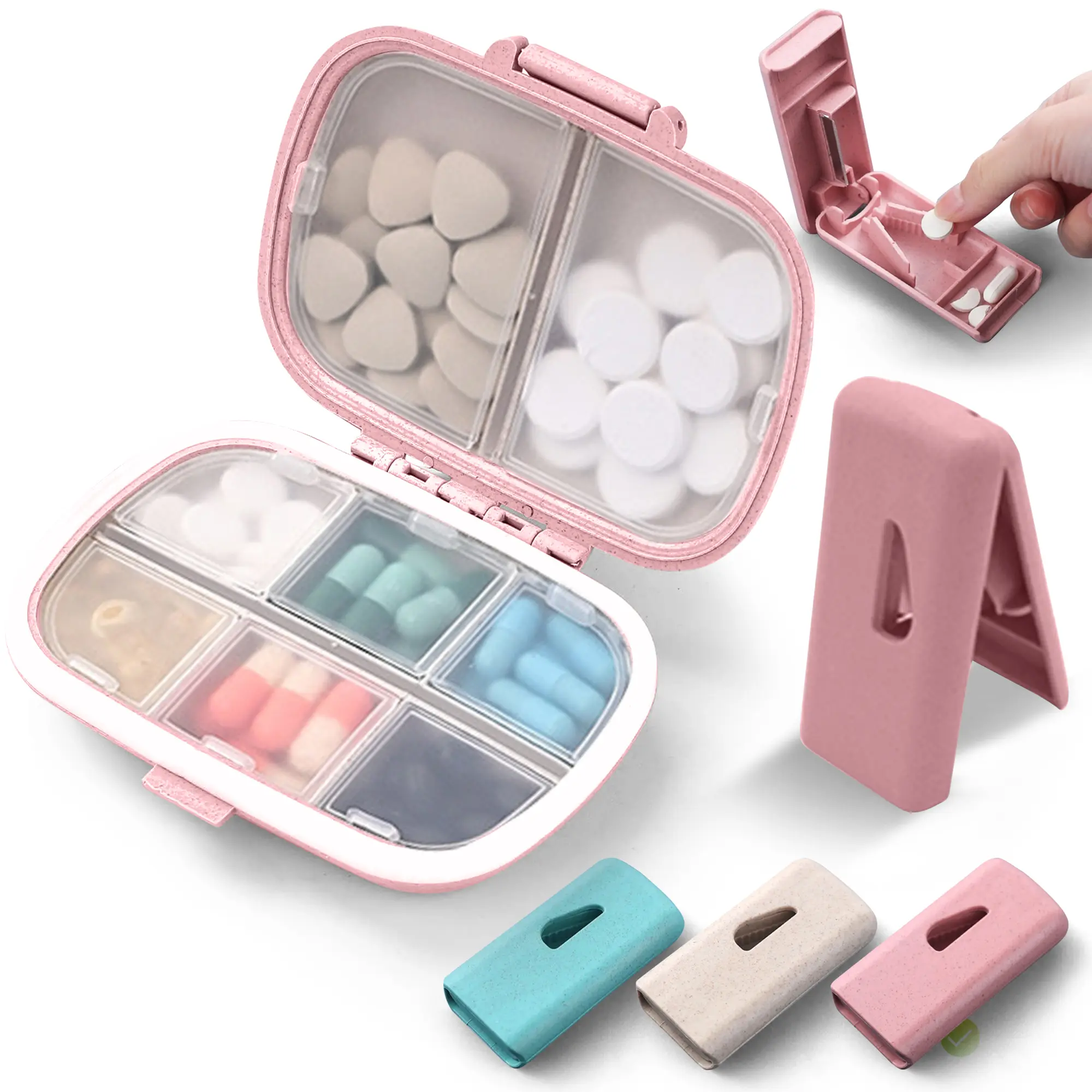 Pastillero rosa con 6 compartimentos y cortador de pastillas, incluye estuches pequeños.