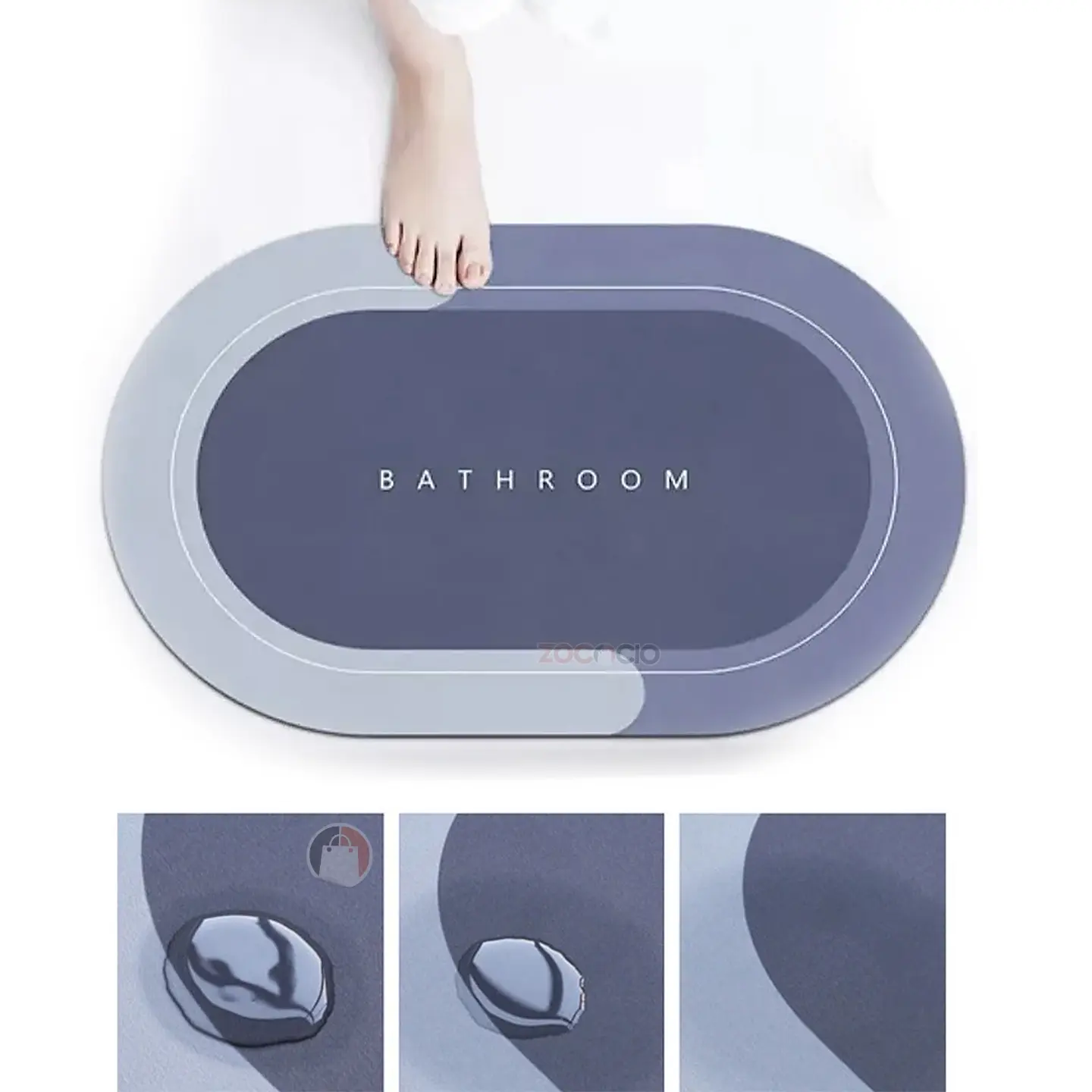 Alfombra de baño ovalada azul con texto "BATHROOM", ideal para secar pies.