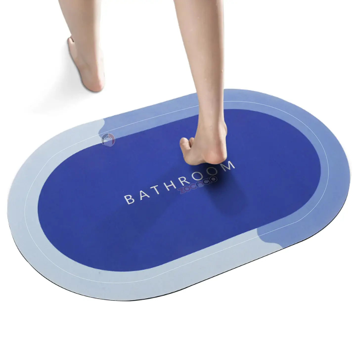 Alfombra de baño azul ovalada, suave y absorbente, para secado de pies.