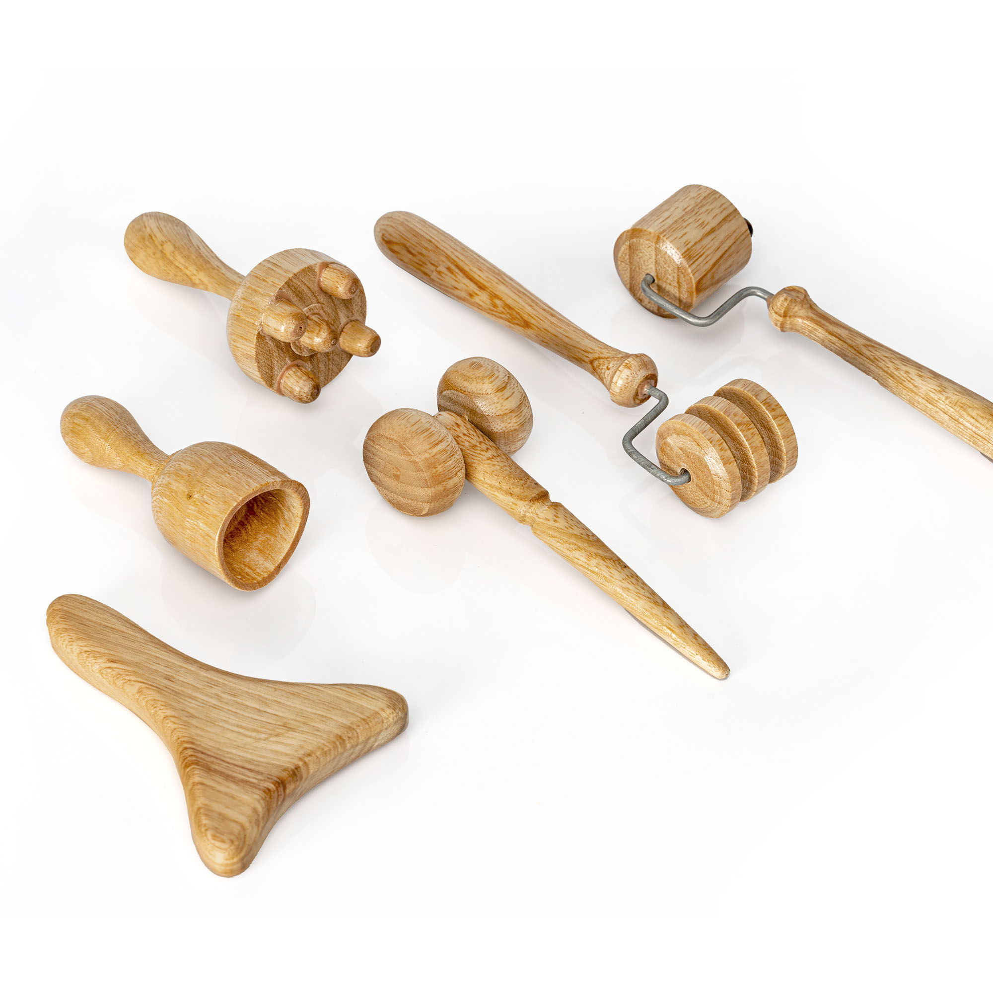 Kit maderoterapia facial 6 piezas madera clara, rodillos y masajeadores para reafirmar y rejuvenecer.