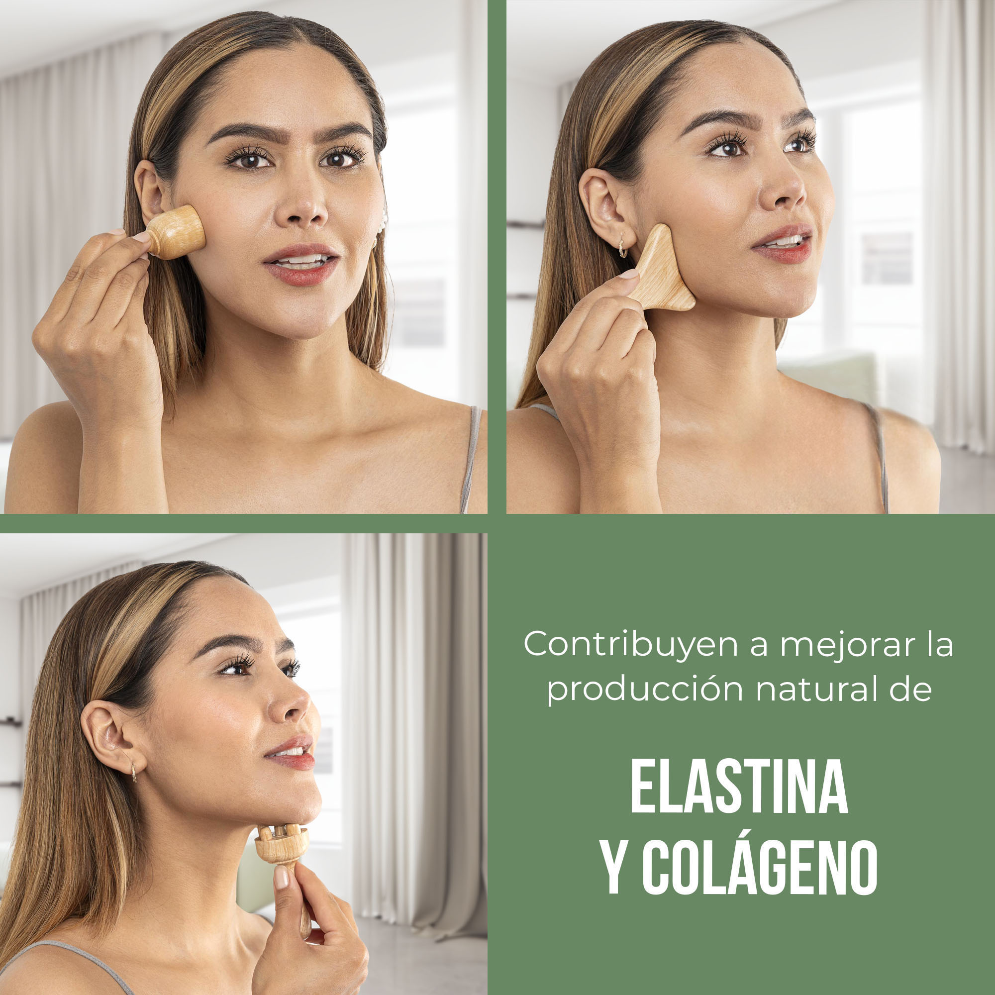 Mujer usa herramientas de maderoterapia facial de madera para reafirmar la piel, promoviendo elastina y colágeno.
