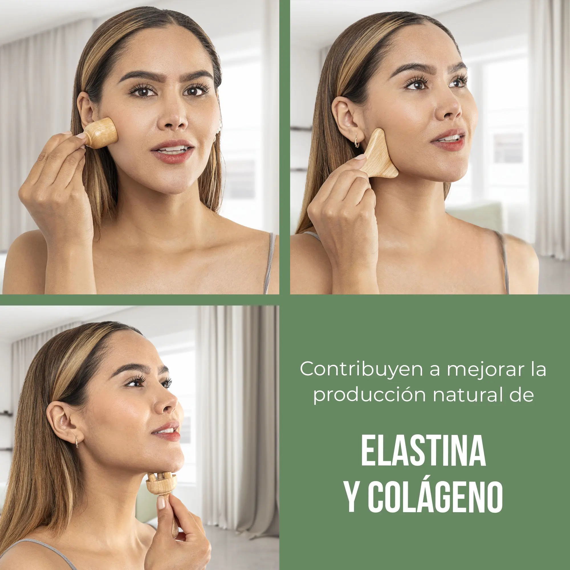 Mujer usa herramientas de maderoterapia facial de madera para reafirmar la piel, promoviendo elastina y colágeno.