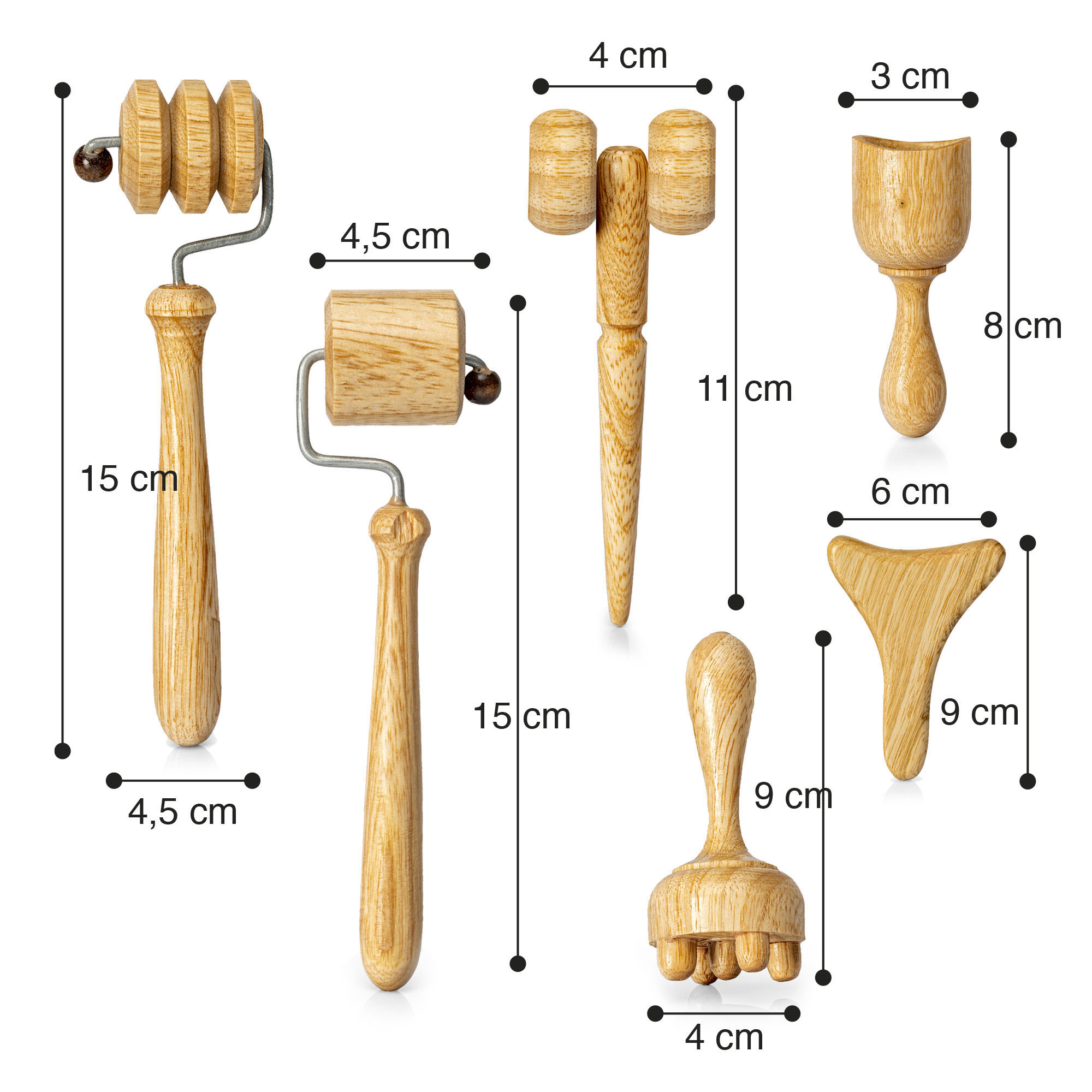 Kit maderoterapia facial 6 piezas madera clara, incluye rodillos 15cm, gua sha 9cm, copa 8cm, martillo 11cm y más, para reafirmar piel.