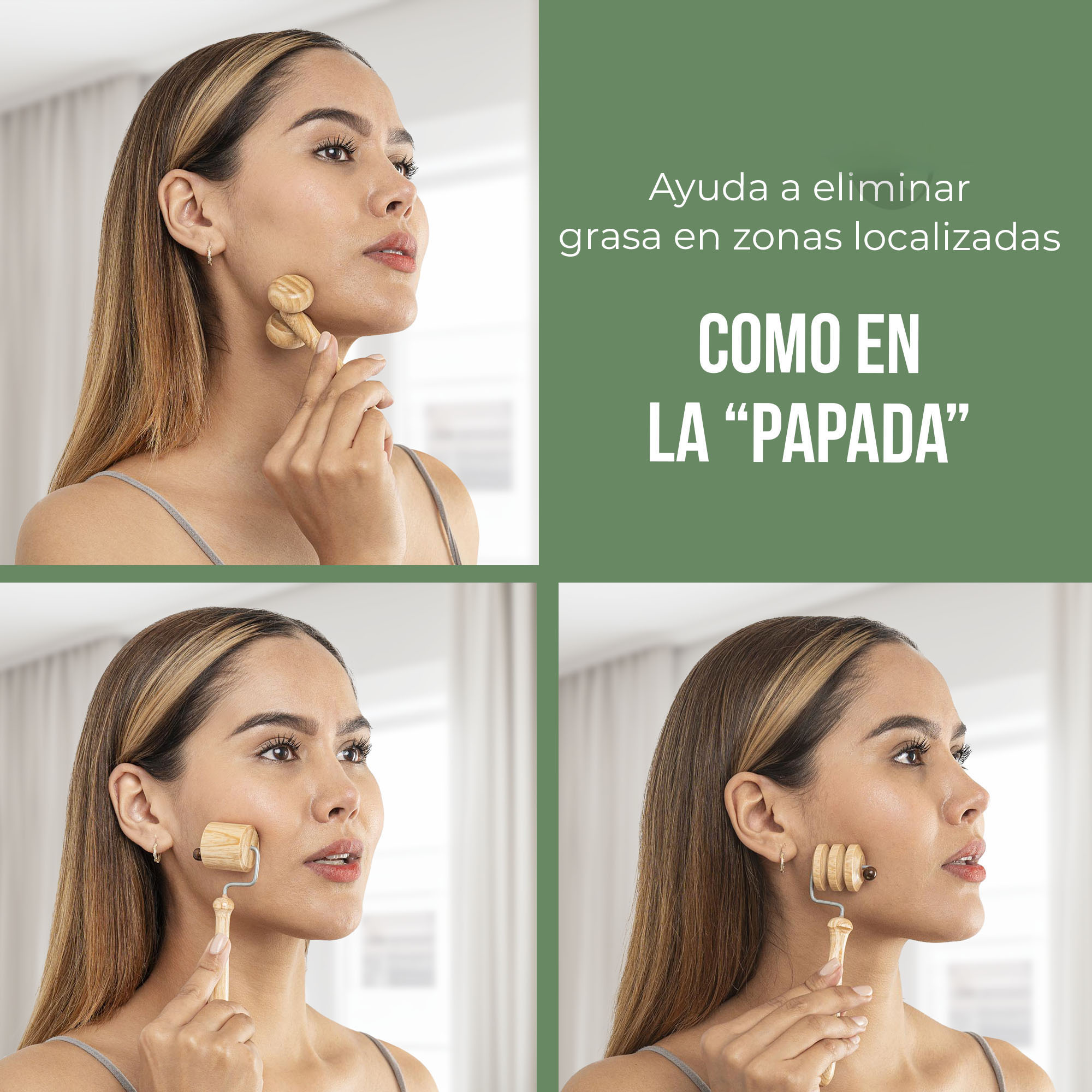 Mujer usa rodillo facial de madera para reafirmar la papada, kit de maderoterapia.