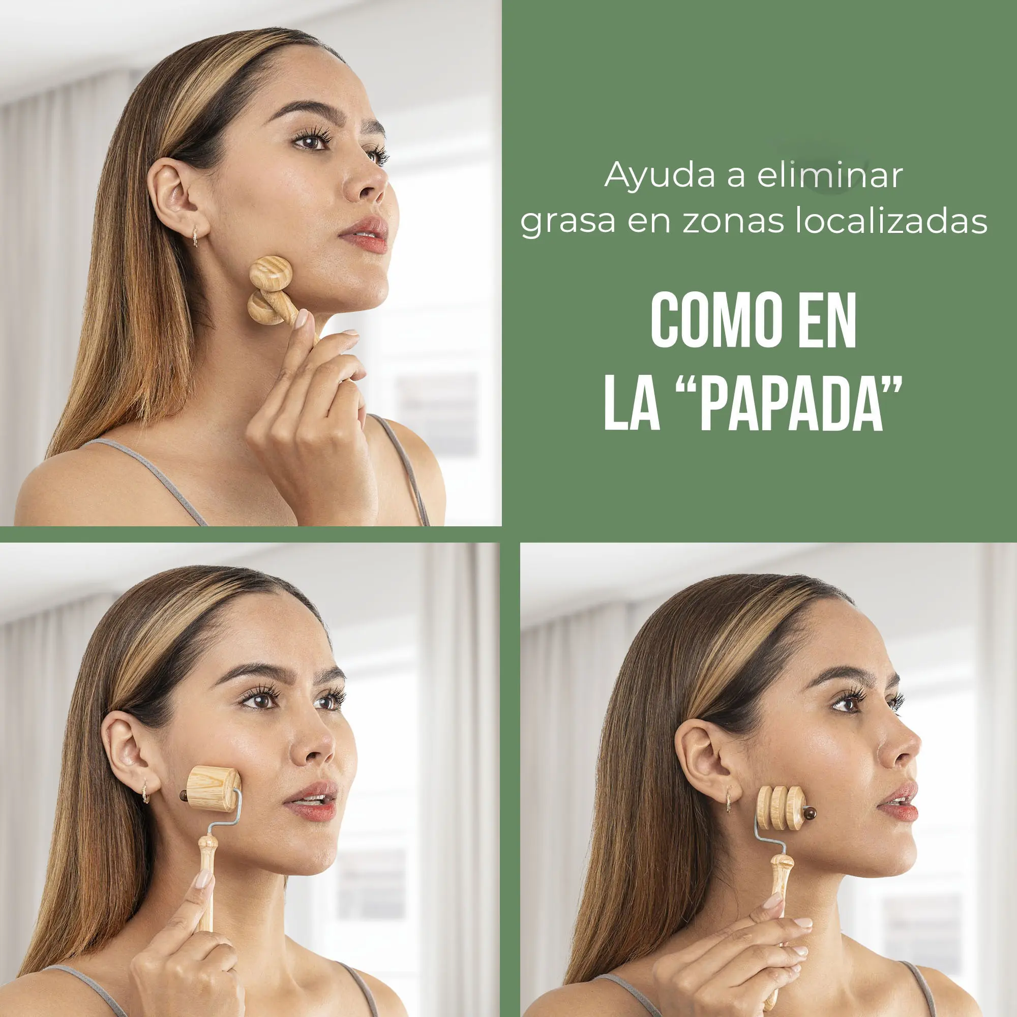 Mujer usa rodillo facial de madera para reafirmar la papada, kit de maderoterapia.