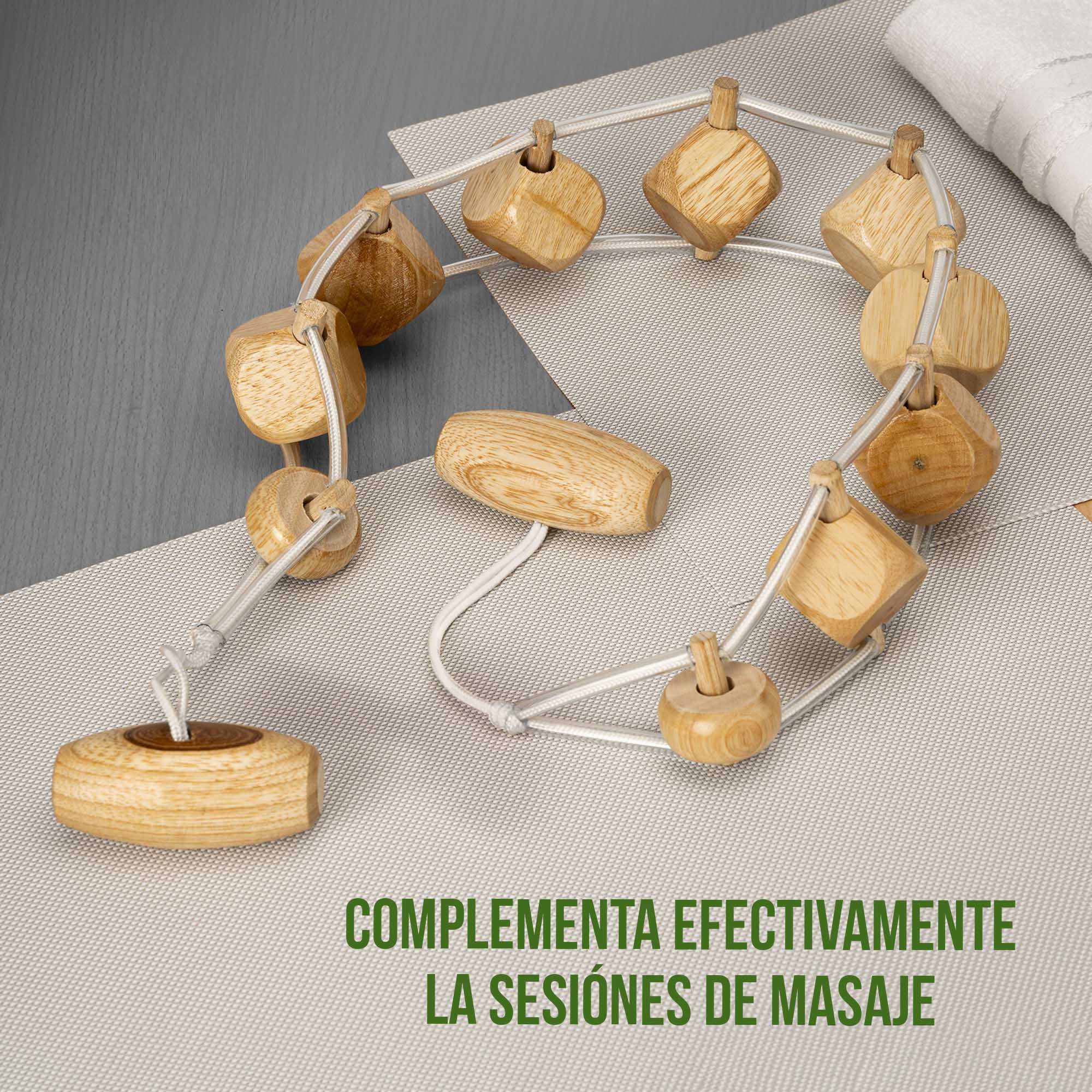 Cinturón de maderoterapia con cubos de madera natural para masaje corporal 3D.