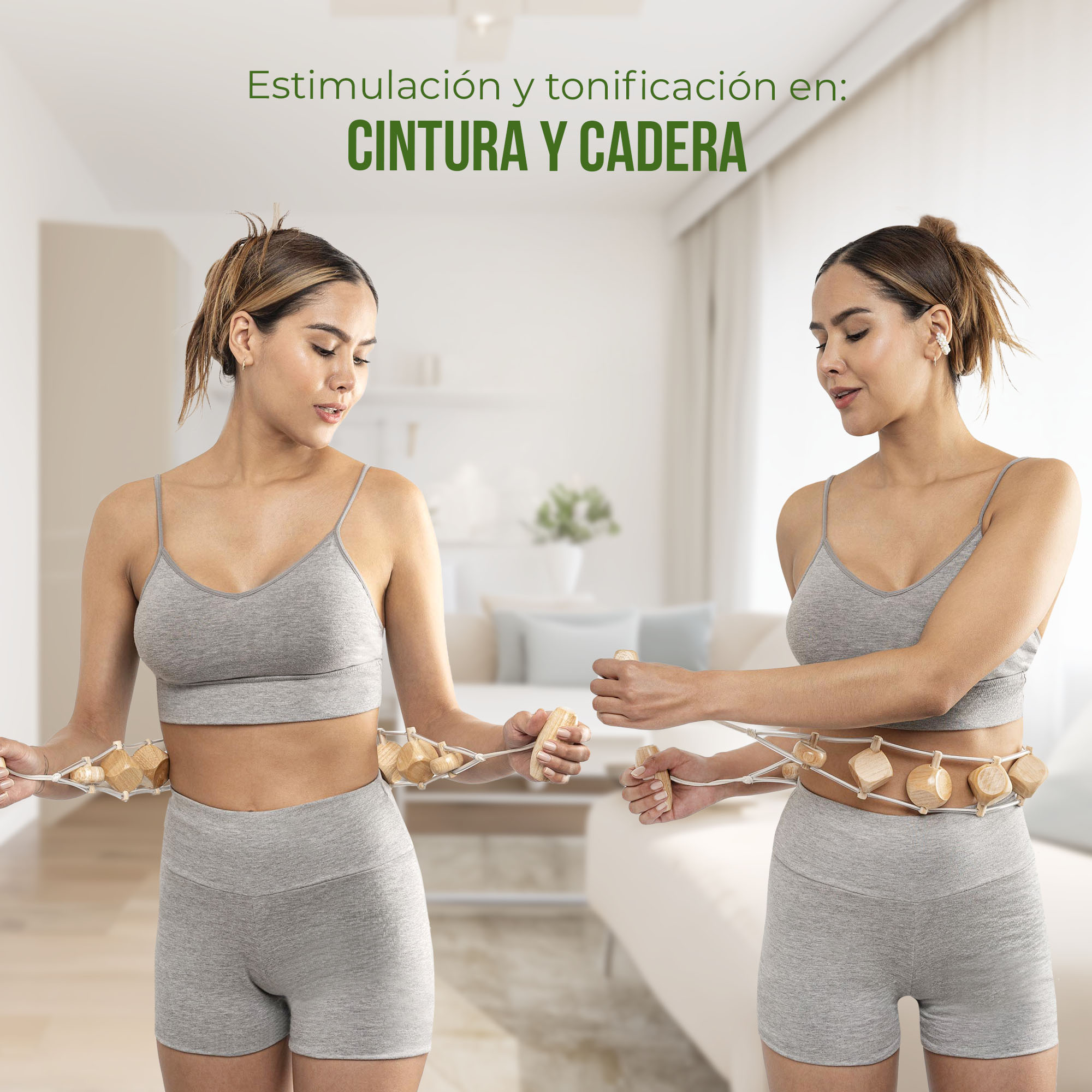 Cinturón de maderoterapia con cubos 3D para tonificar cintura y cadera, usado por mujer en ropa deportiva gris.