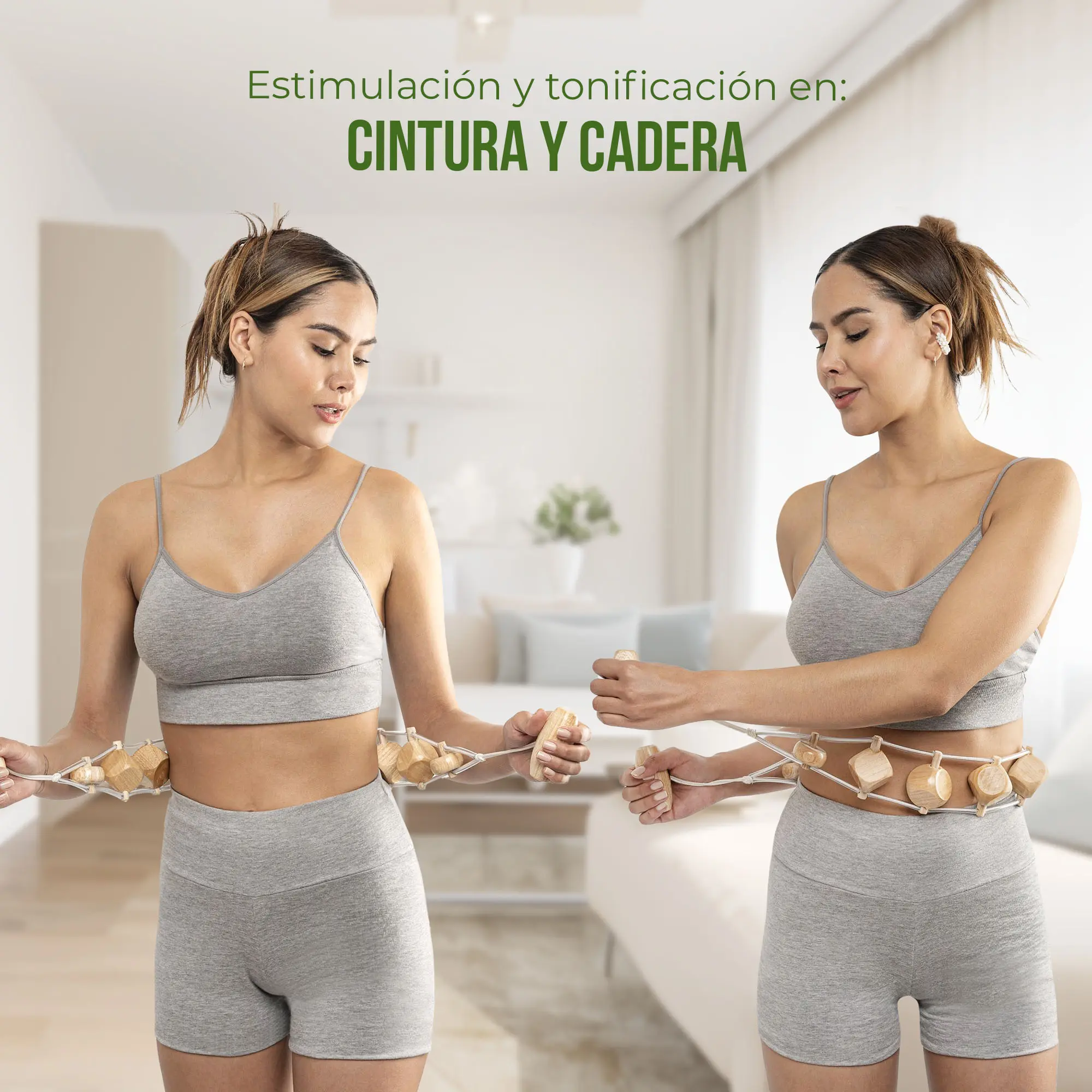 Cinturón de maderoterapia con cubos 3D para tonificar cintura y cadera, usado por mujer en ropa deportiva gris.