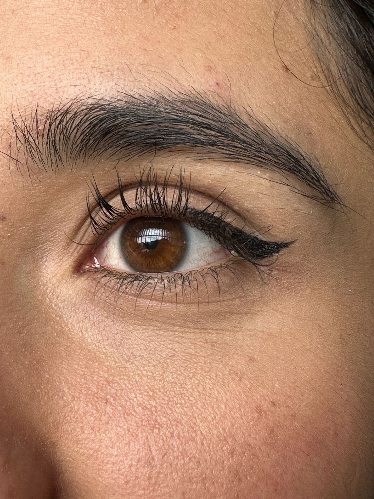 Ojo marrón con delineado cat eye y cejas pobladas, piel con textura visible.