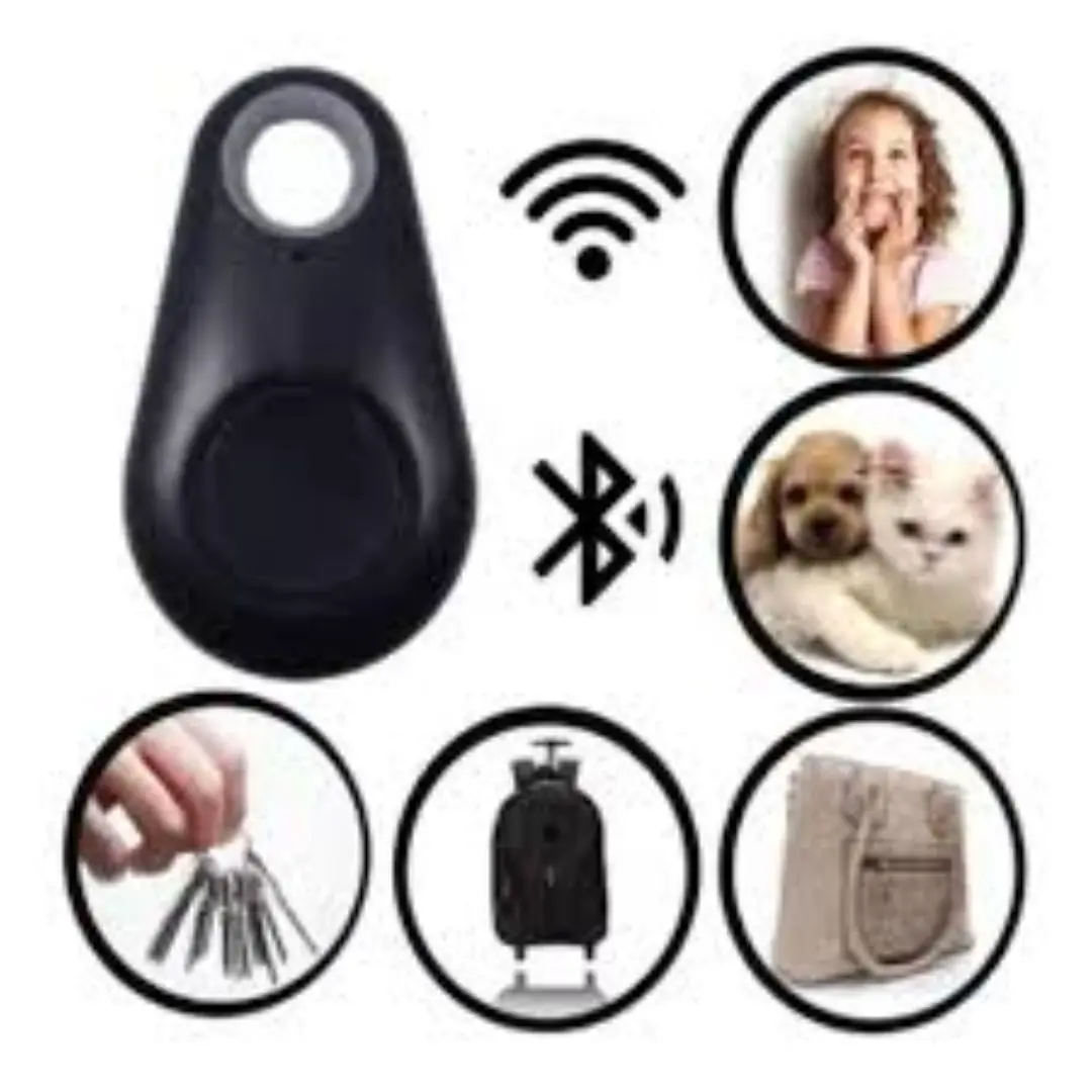 Localizador Bluetooth negro para mascotas, llaves, maleta o bolso, con iconos WiFi y Bluetooth.