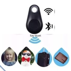 Localizador Bluetooth negro en forma de lágrima, con íconos de Wi-Fi y Bluetooth, junto a imágenes de niña, gato con gafas y corbata, maleta y billetera.