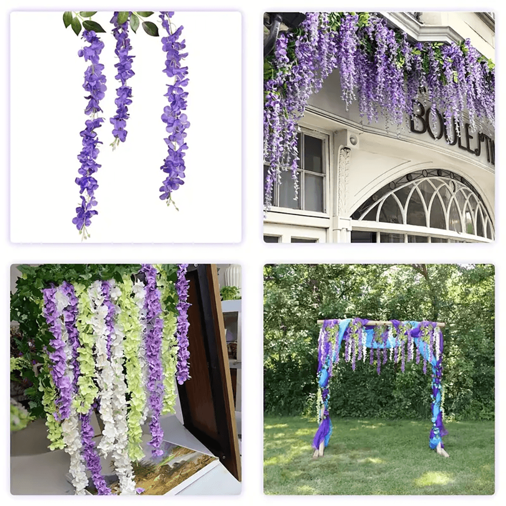 Set de 12 glicinias colgantes moradas y blancas decorativas para bodas y eventos.